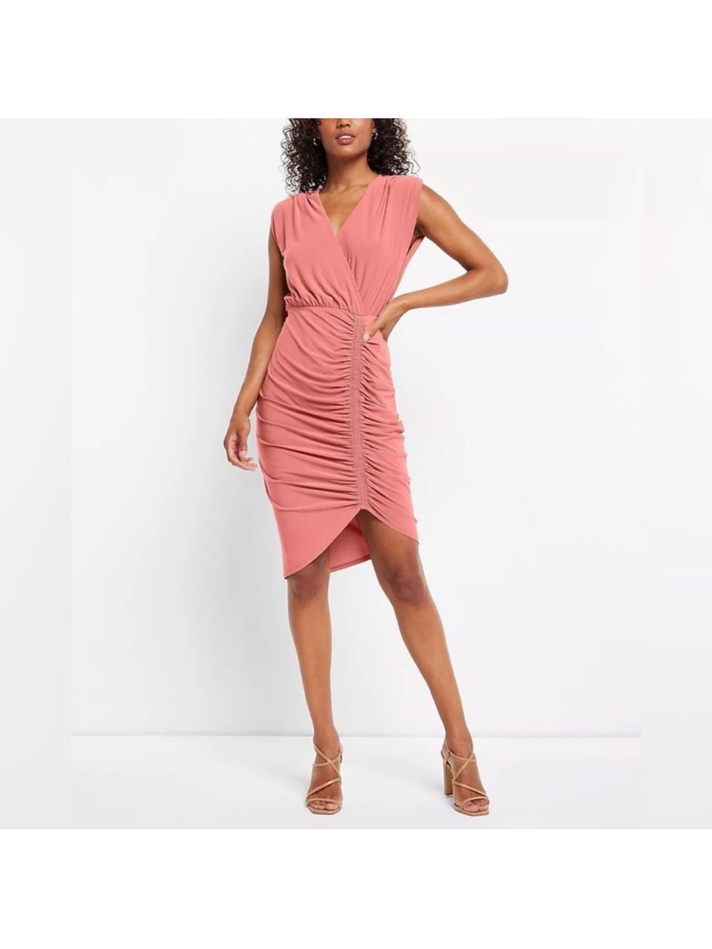 Express Coral Pink Ruched Wrap Midi Dress